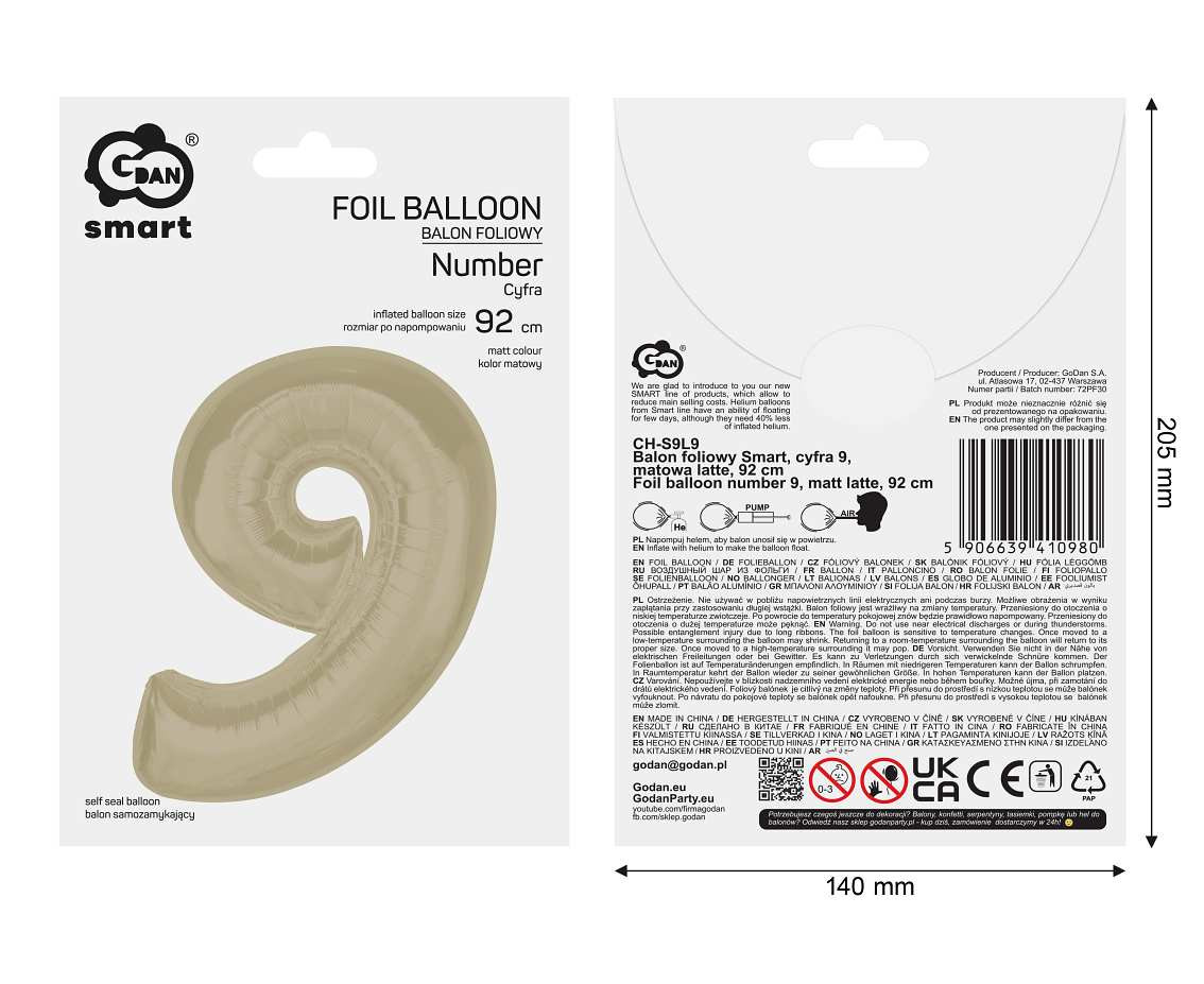 Foil balloon number 9, matt latte, 92 cm EOL